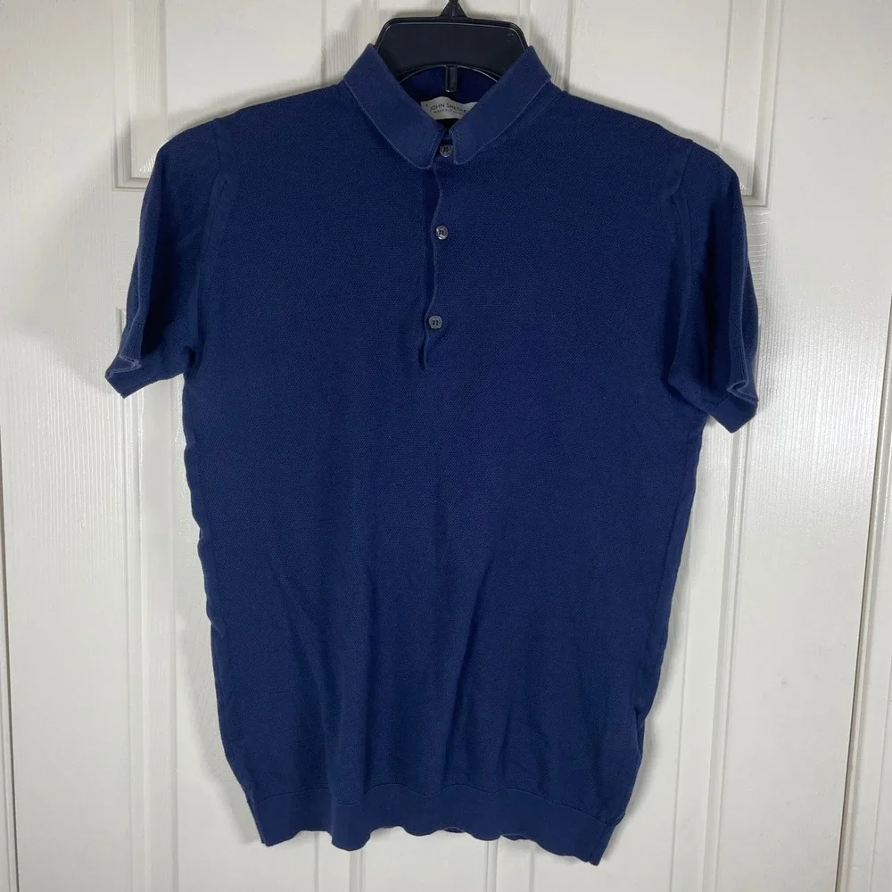 John Smedley Navy Sea Island Cotton Knit Polo Sweater Shirt Mens S England Pique